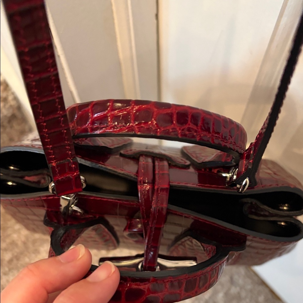 Longchamp XS Roseau Croc-Embossed Burgundy Top-Handle Satchel Crossbody Bag - Picture 15 of 15